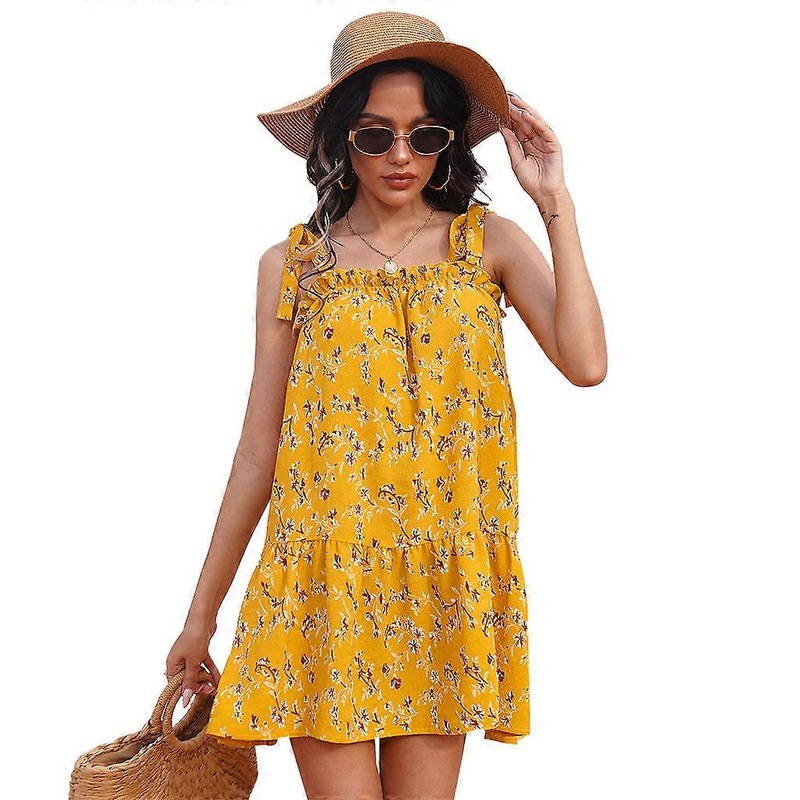 Women Summer Tie Up Spaghetti Strap Backless Flowy Mini Dress Boho Floral Print Ruffle Flared Hem Loose Yellow Sundress | Fruugo SG