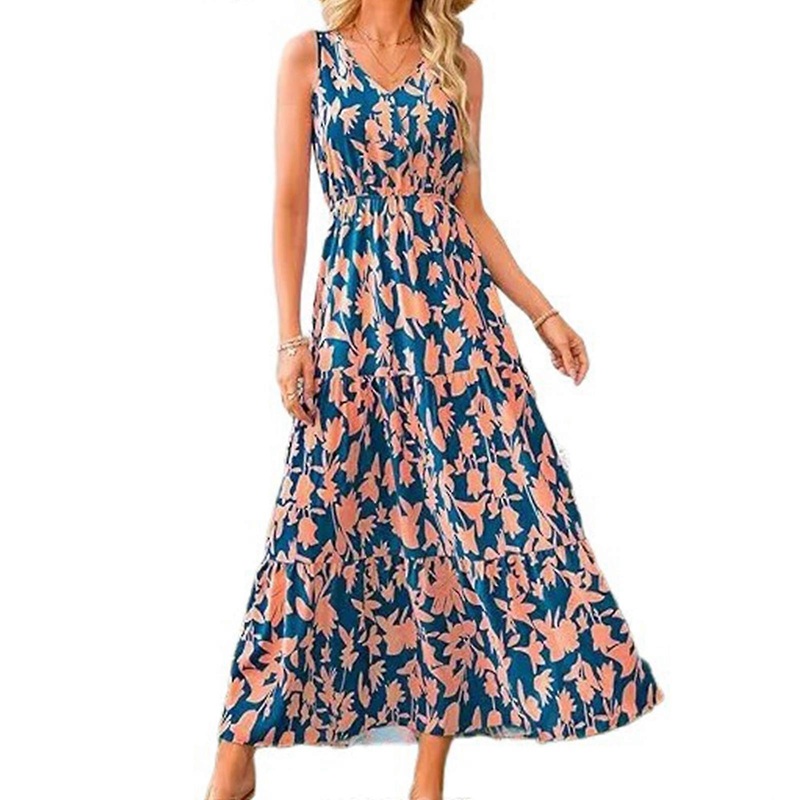 Womens Casual Sleeveless VNeck Elastic Waist Maxi Dress Cute Flower Print Loose A Line Flared Swing Beach Long Dresses  XL orange red | Fruugo SG
