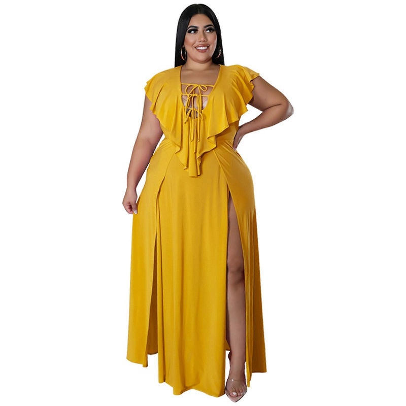 Womens Deep V-Neck Lace-Up Bandage High Split Party Maxi Dress Sleeveless Empire Waist Solid Color Evening Gown XL-4XL  Yellow XXXXL | Fruugo SG