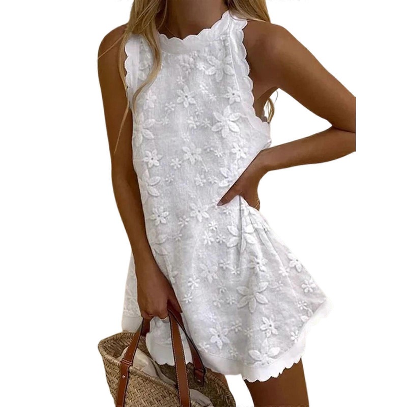 Womens Elegant Scallope Trim A-Line Short Tank Dress Crew Neck Sleeveless Solid Color Floral Pattern Loose Linen Dresses  White XL | Fruugo SG