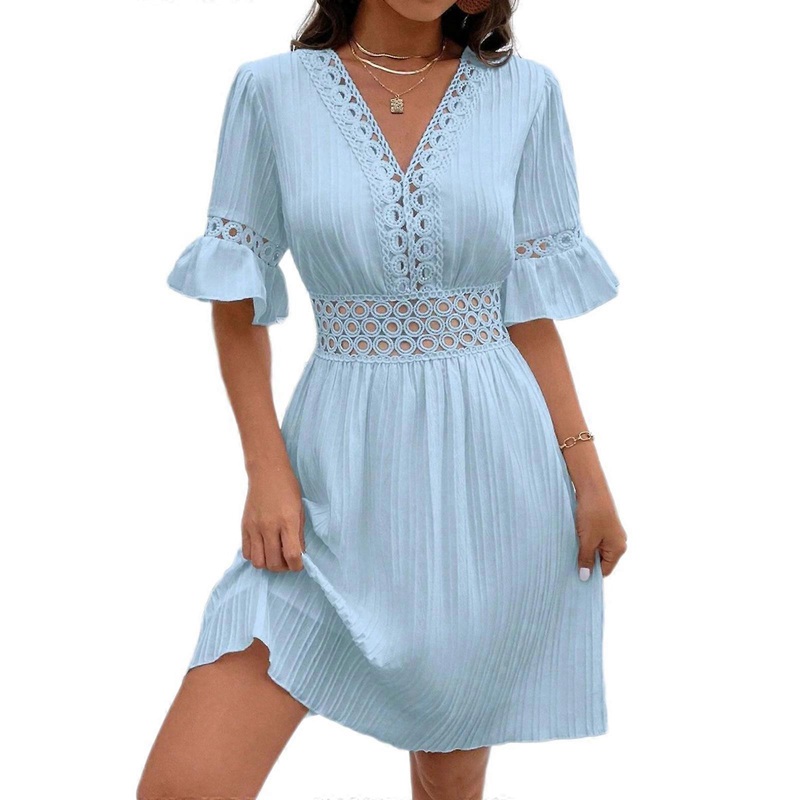 Womens Flared Sleeve A Line Minis Dress Sexy Vneck Highs Waist Flowys Swing Short Dresses Summers Dress Streetwears Gift  XL light blue | Fruugo SG