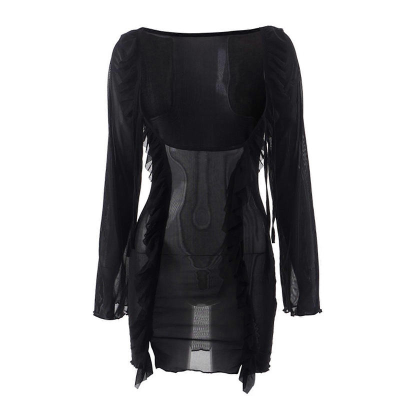 Womens Hollow-Out Sheer Mesh Long Sleeve Plunging Neck Ruffle Trim Beach Mini Bodycon Dress Swimsuits Bikinis Cover Up  Black M | Fruugo SG