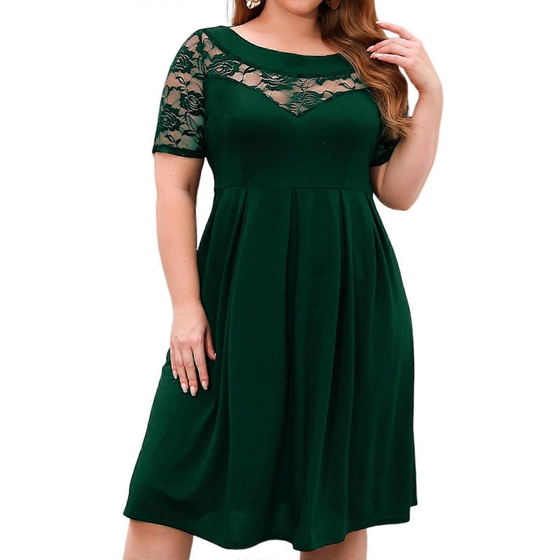 Womens Short Sleeve Round Neck Loose Flowy Dresses Solid Color Summer Midi Dresses Casual Lace A-line Dress Gifts  2XL dark green | Fruugo SG