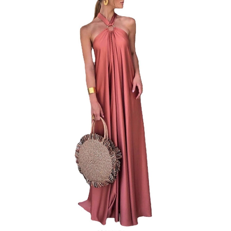 Womens Sleeveless Floor Length Flowy Satin Long Dress Solid Color Sexy Halter Tie Neck Backless Holiday Evening Gown  Orange L | Fruugo SG