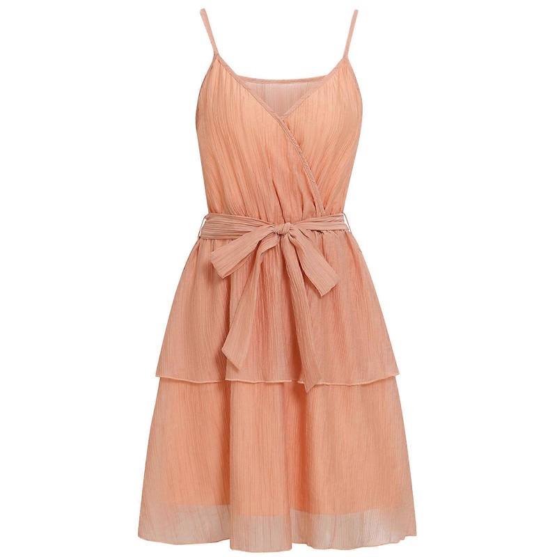 Womens Spaghetti Strap Wrap V-Neck Solid Color A-Line Midi Dress Belted Pleated Flared Tiered Ruffle Hem Swing Dresses  orange XL | Fruugo SG