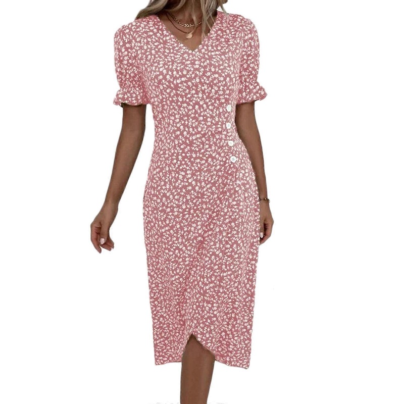 Womens Summer Ruffle Puff Short Sleeve V-Neck Midi Long Dress Floral Print Side Button Ruched Split Wrap Hem Dresses  Pink XL | Fruugo SG