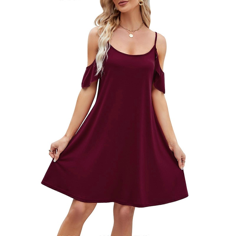 Womens Summer Spaghetti Strap Cold Shoulder Solid Color Swing Short Dress Ruffle Sleeve High Waist A-Line Flowy Dresses  Burgundy XL | Fruugo SG