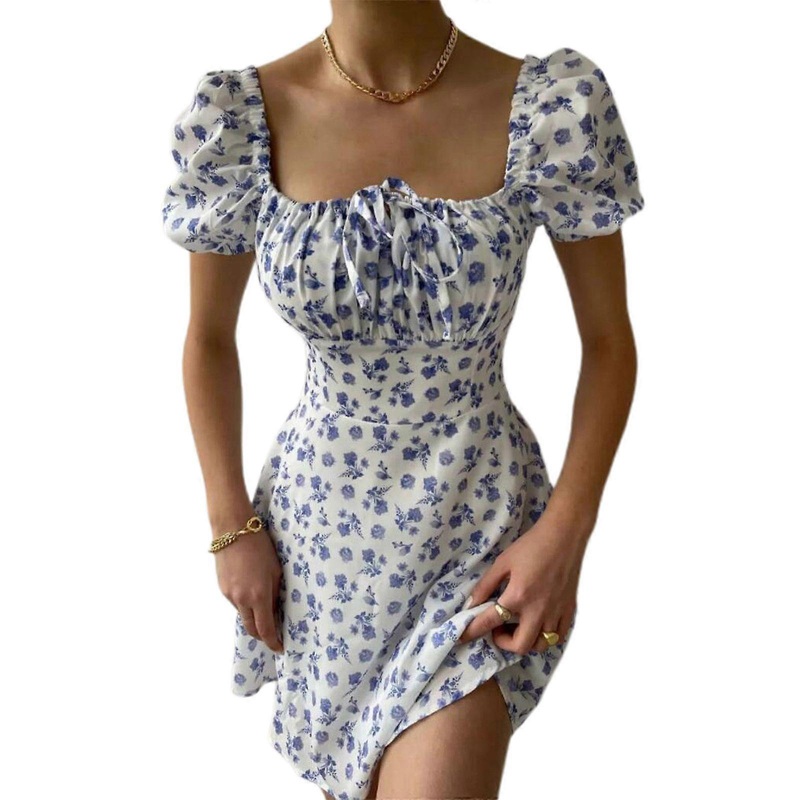 Womens Vintage Floral Print Square Neck Tie Front Swing Mini Dress Puff Short Sleeve Pleated A-Line Flowy Beach Dresses  White M | Fruugo SG