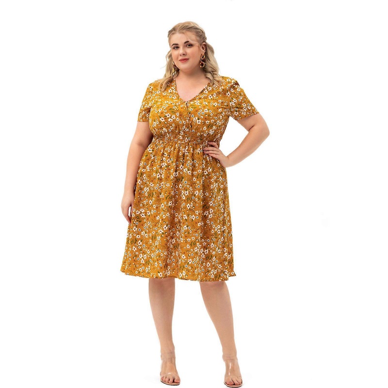 Womens Wrap V Neck Party Midi Dress Short Sleeve Empire High Waist Colorful Floral Printed Vintage Beach Gown XL-4XL  Yellow XXXL | Fruugo SG