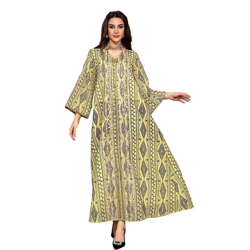 Embroidery Kaftans Abaya Dress for Women, Sequins Kaftan Abaya Dress Fancy Long Sleeve Kaftans Dress Gown Islamic Dress  Yellow XL | Fruugo SG