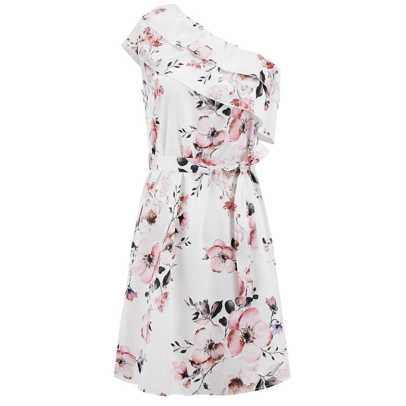 Lotus Edge Tube Top Dress Bows Tie Floral Printed Short One Shoulder Off Bows Tie Dresses Ruffle Sleeveless Women Dress  white ink flower L | Fruugo SG