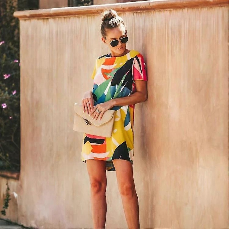 Round Neck Contrast Print Dress-XL,Stylish Design,As Shown,XL | Fruugo SG