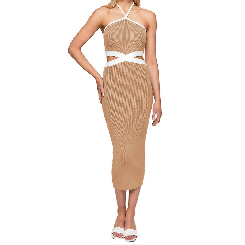 Sexy Backless Ribbed Dress Waist Cutout Sleeveless Halter Neck Fashionable Bodycon Party Dresses  Brown XL | Fruugo SG