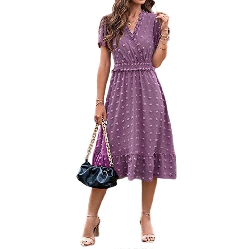 Short Sleeve V-Neck Dress Summer Casual Loose Swing Tunic Dress Pom-Pom Ruffle Polka Dot Dress for Women Girl Teen  Purple XL | Fruugo SG