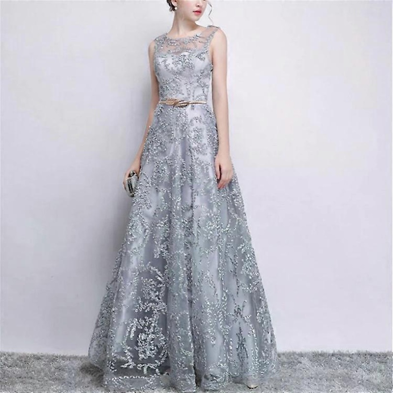 Sleeveless Lace Formal Gown-Long Party Dress in Grey,Size S-Grey,S | Fruugo SG