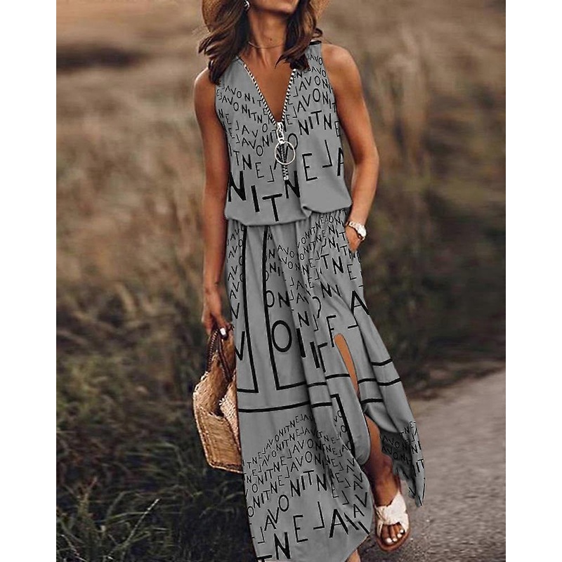 Spring and summer new sleeveless dress casual women’s waist zipper letter print dress | Fruugo SG