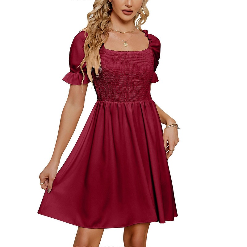 Square Neck Casual Dresses Women Summer Dress ALine Sundresses For Women Swing Mini Dresses Women Babydoll Dress  Burgundy L | Fruugo SG