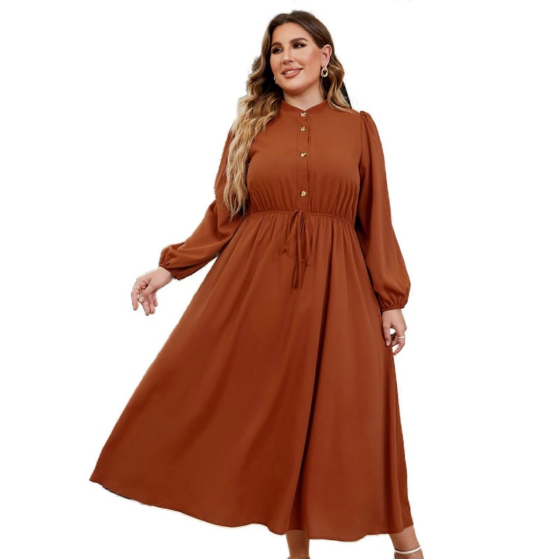 Stand Collar Buttons Women Midi Dress Puff Long Sleeve Drawstring Waist Solid Color Flowy Casual Loose Party Sundress  Orange XL | Fruugo SG