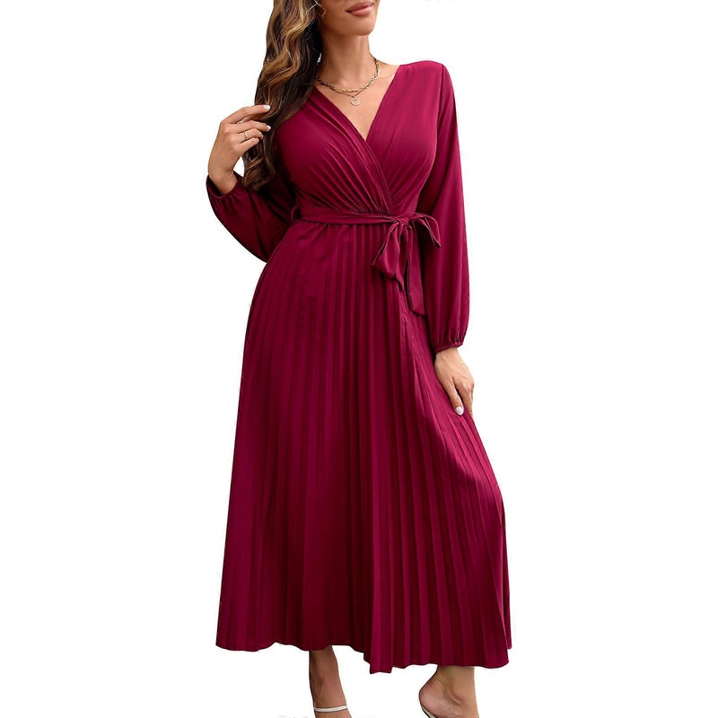 Stylish Pleated Swing Dress with Belt for Women Elegant Long Sleeves Maxi Dress Autumn Winter Flowy Wrap V-Neck Dress  Burgundy XL | Fruugo SG