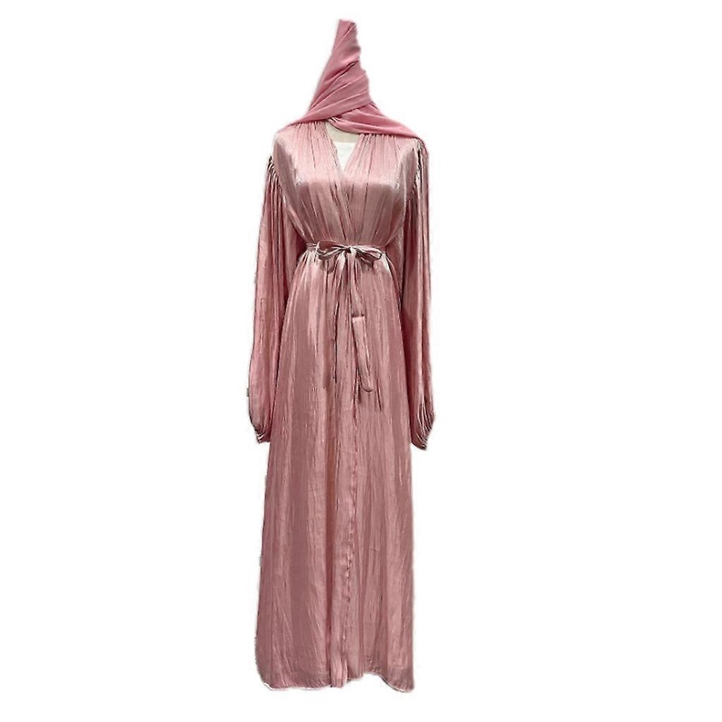 Summer Kimono Abaya Open Front Women Muslim Fashion Satinlike Hijab Dress Puff Sleeve Headscarf Dubai Turkey Eid Party  Pink bandana S | Fruugo SG
