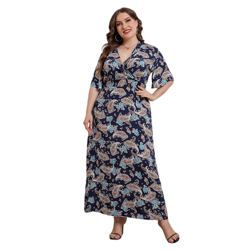 Summer Women V Neck Dress Bohemian Vestidos Plus Size Loose Dress for Women Casual Short Sleeve Dress  Blue XL | Fruugo SG