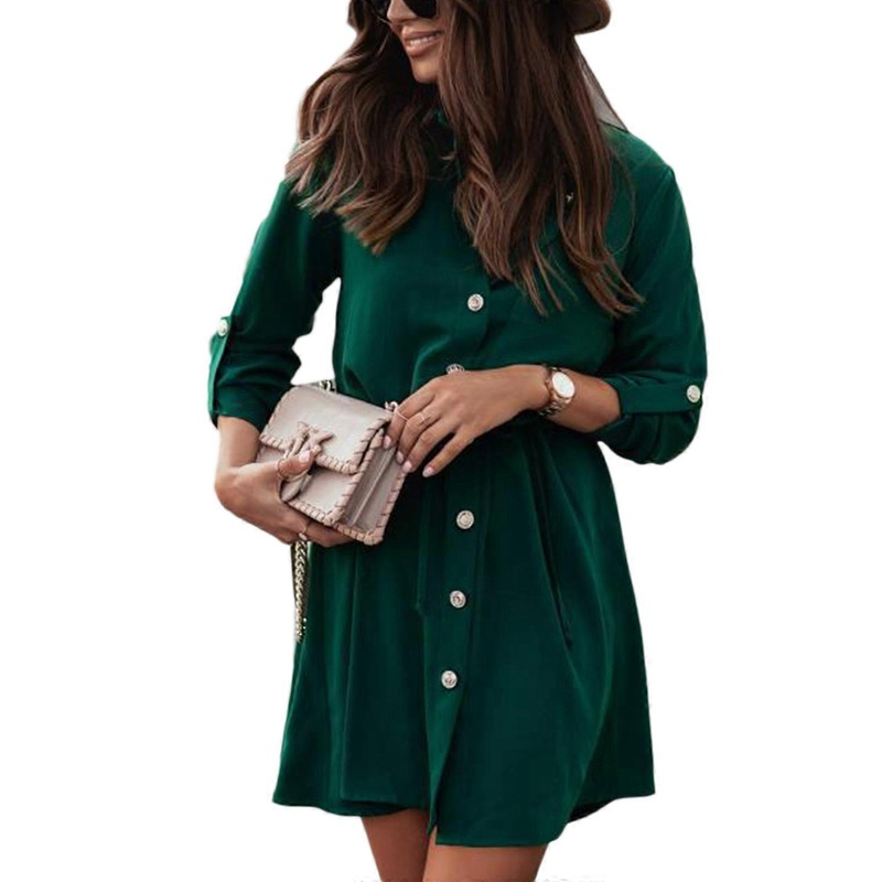 Summers Women Lapel Obove Knee Length Dresses High-waisted Button Down V-Neck Sexy Dresses for Office Daily Working  Green M | Fruugo SG