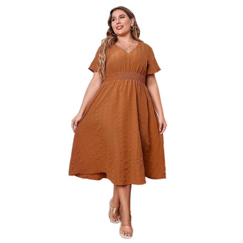 Temperament Summer Solid Midi Dress Women Casual Shirred Waist Beach Short Sleeve Loose Cocktail Party Dress Daily Beach  Yellow 4XL | Fruugo SG