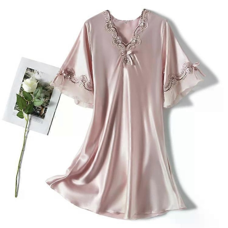 V-Neck Scalloped Edge Nightdress-Loose Fit,Mid Sleeve,Pink XL Pink,XL | Fruugo SG