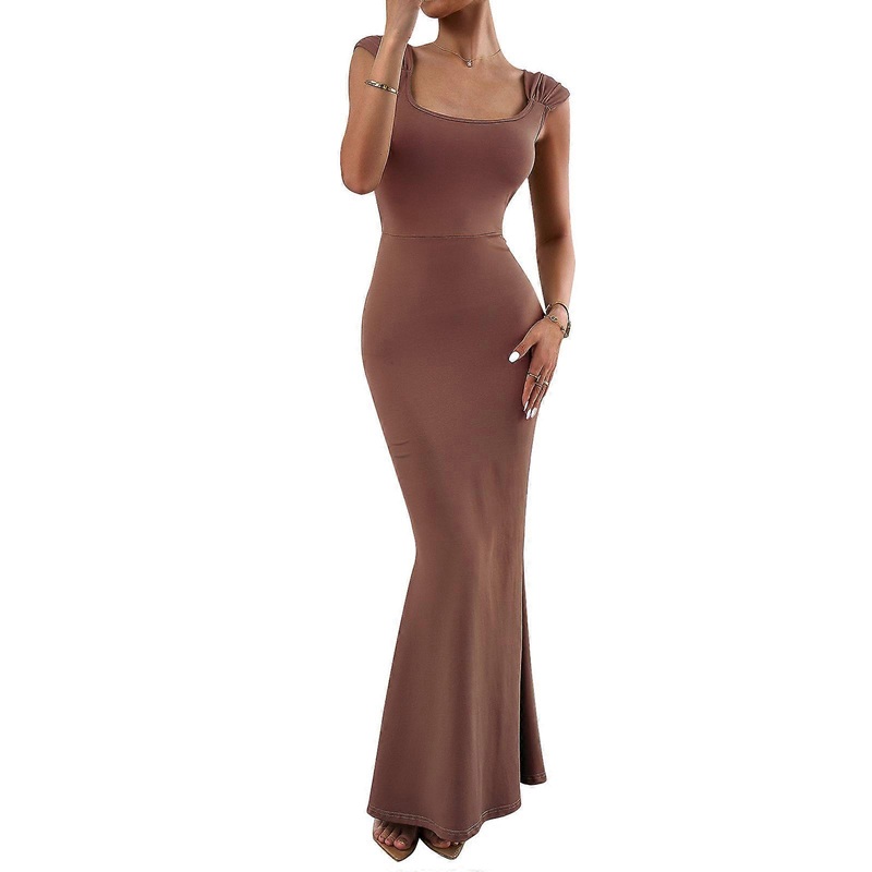Women 2023 Summer Sleeveless Bodycon Maxi Dress Square Neck Slim Fit Tank Top Dress Stretchy Party Club Long Dress  light brown S | Fruugo SG