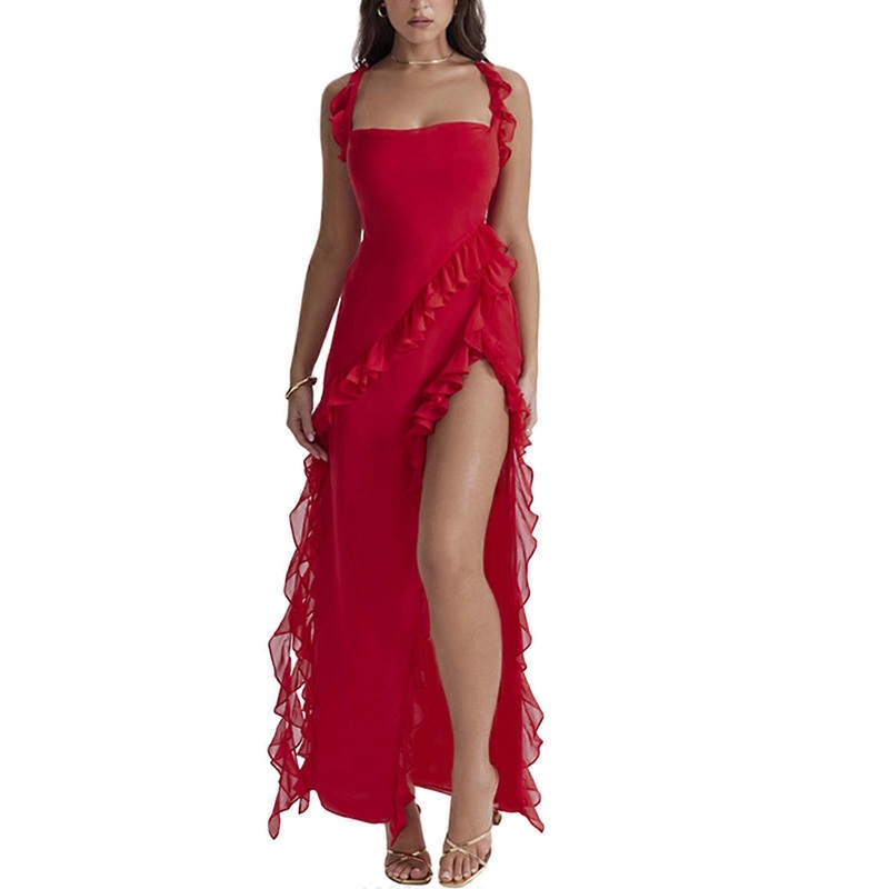 Women Aesthetics Square Neck Sleeveless Bodycon Long Dress Solid Color Ribbon Ruffle High Split Cocktail Maxi Dresses  Red XS | Fruugo SG