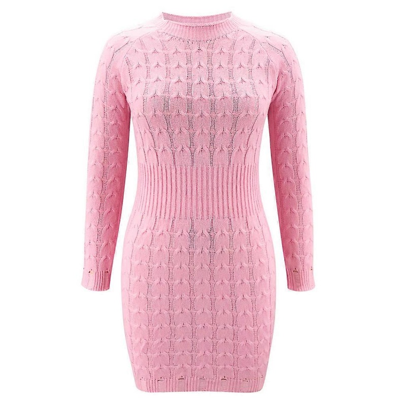 Women Autumn Long Sleeve Twist Cable Knit Bodycon Mini Sweater Dress O-Neck Solid Color Sexy Empire High Waist Basic Jumper Streetwear  M Pink | Fruugo SG