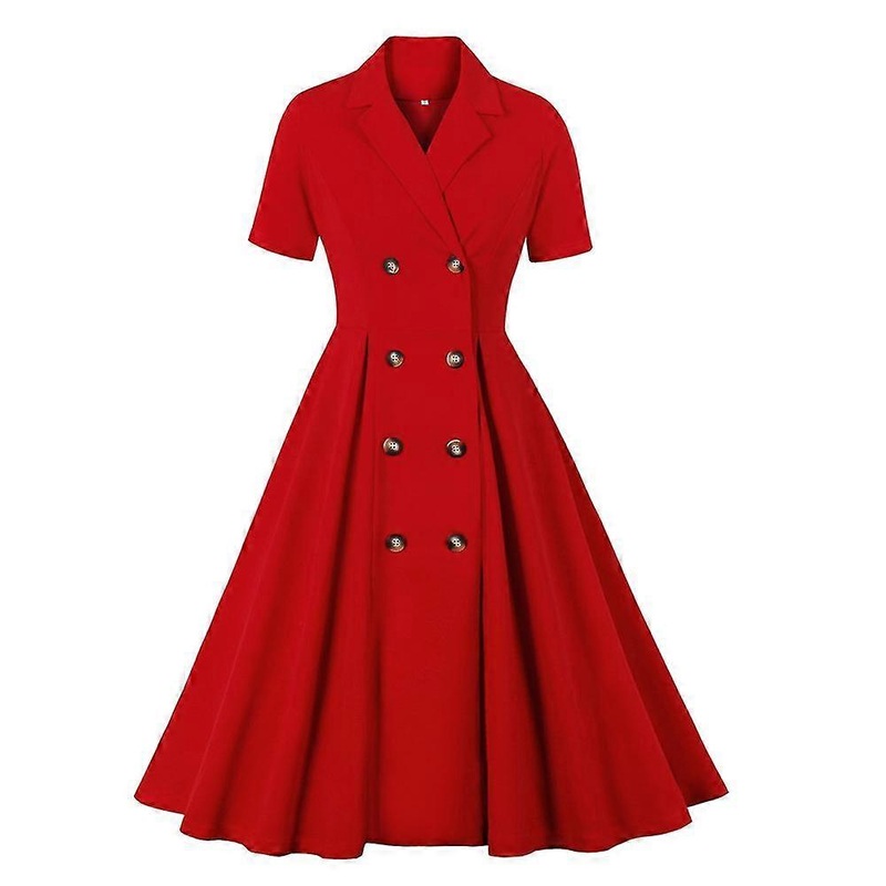 Women Elegant Vintage Short Sleeve Lapel Dress Double-breasted Hepburn Dresses | Fruugo SG