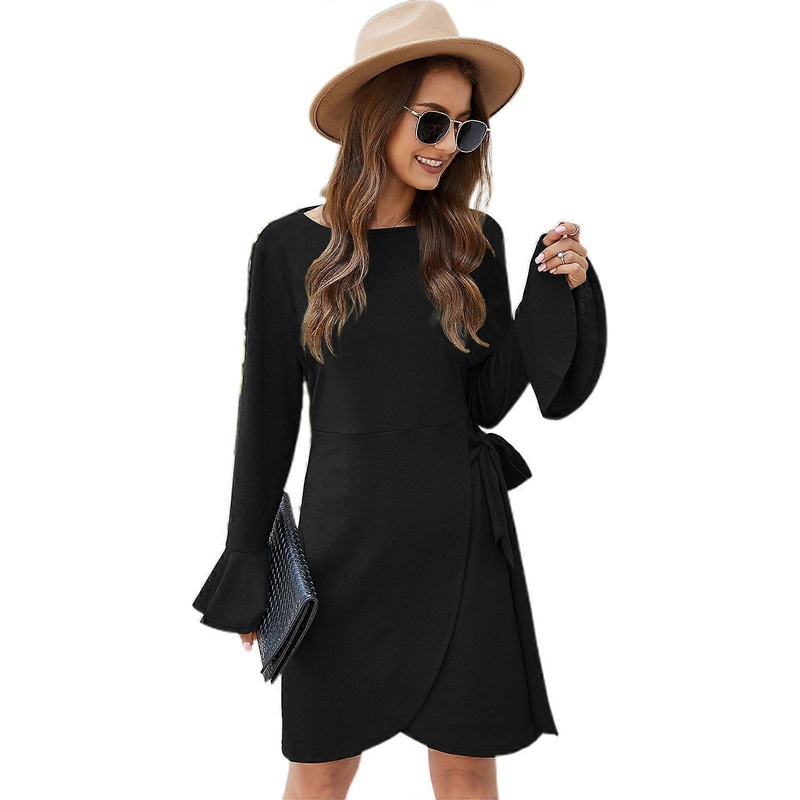 Women Flare Long Sleeve Crewneck Midi Dress Simple Solid Color Hollow Out Ruffle Back Tie Waist Split Irregular Dress  Black L | Fruugo SG