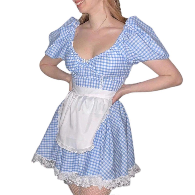 Women Gothic Puff Short Sleeve Vintage Plaid Print Mini Dress Sexy V-Neck Bowknot Pleated A-Line Lace Patchwork Sundress  Blue S | Fruugo SG