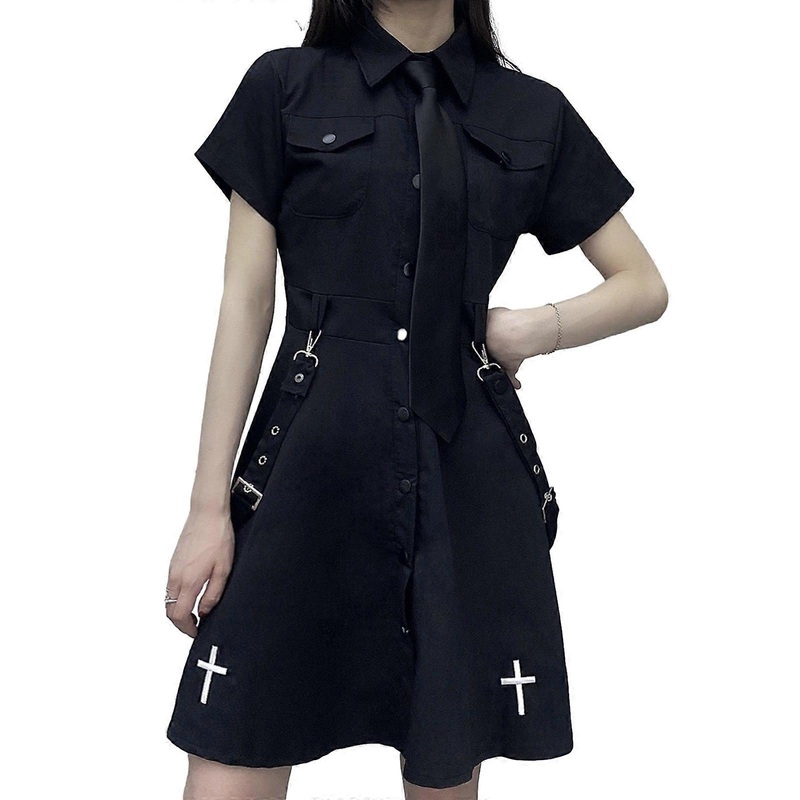 Women Gothic Punk Short Sleeve Lapel Button Mini Flowy Shirt Dress with Necktie Harajuku Buckle Straps for Cross Embroidery Lolita Kawaii Streetwear  | Fruugo SG