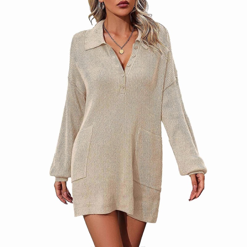 Women Lapel Button Ribbed Knit Bodycon Pullover Dress Solid Color Long Lantern Sleeve Cute Mini Sweater Dress Streetwear  apricot XL | Fruugo SG