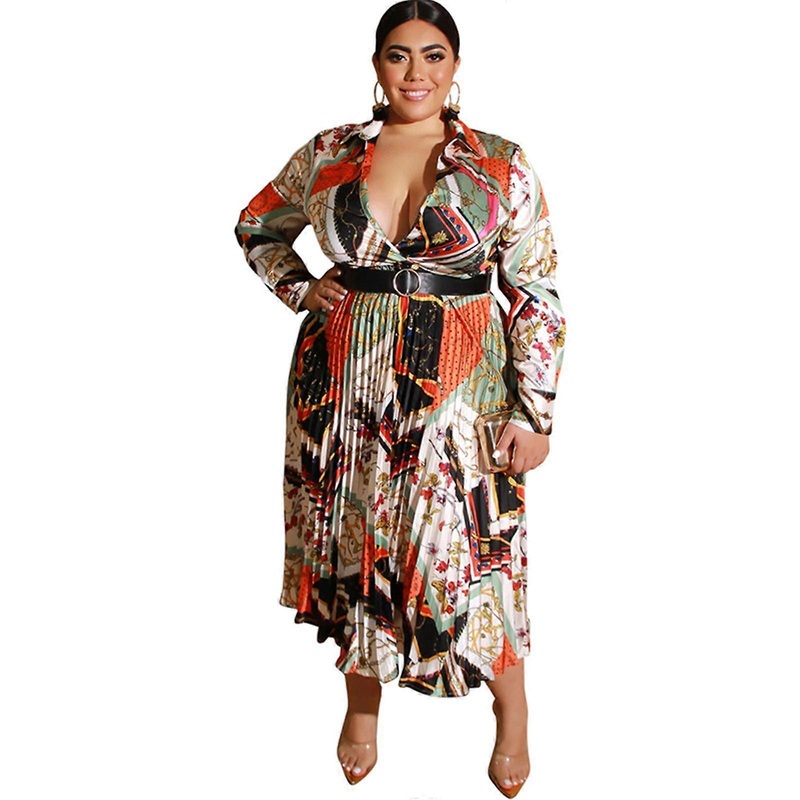 Women Long Sleeve Casual Midi Dress Sexy Deep V Neck Long Dress Plus Size Pleated Dress Printed Satin Dresses with Belt  Multi XXXXL | Fruugo SG