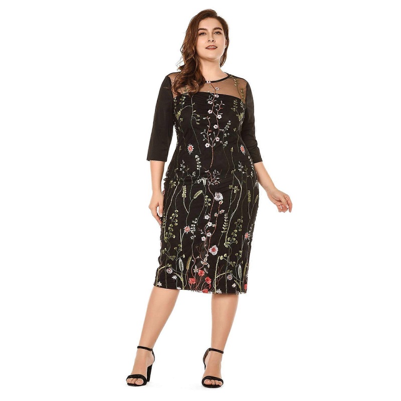 Women Plus Size 3/4 Sleeves Round Neck Midi Long Pencil Dress Floral Leaf Mesh Splicing Empire Waist Back Split Clubwear  XL Black | Fruugo SG