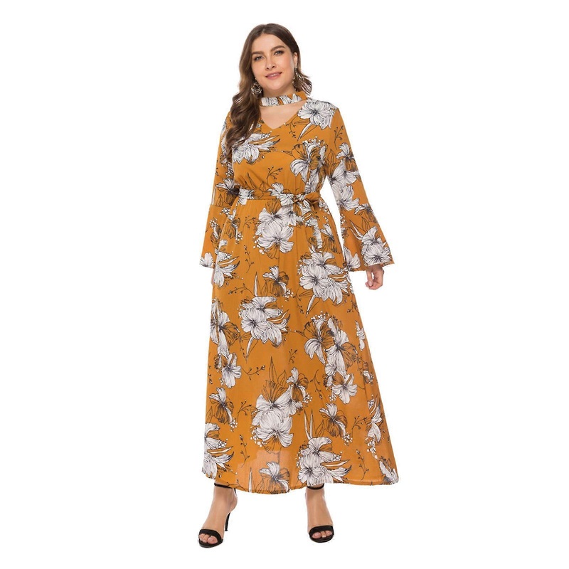 Women Plus Size Flare Long Sleeve Choker V-Neck Maxi Long Swing Dress Boho Floral Print Belted A-Line Flowy Sundress  Yellow XL | Fruugo SG