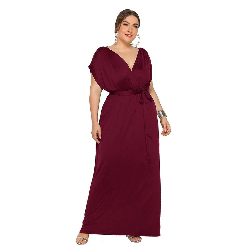 Women Plus Size Ruched Batwing Short Sleeve Maxi Long Dress Simple Solid Color Sexy Wrap Deep V-Neck Belted High Waist Flared Hem Evening Party Gown | Fruugo SG