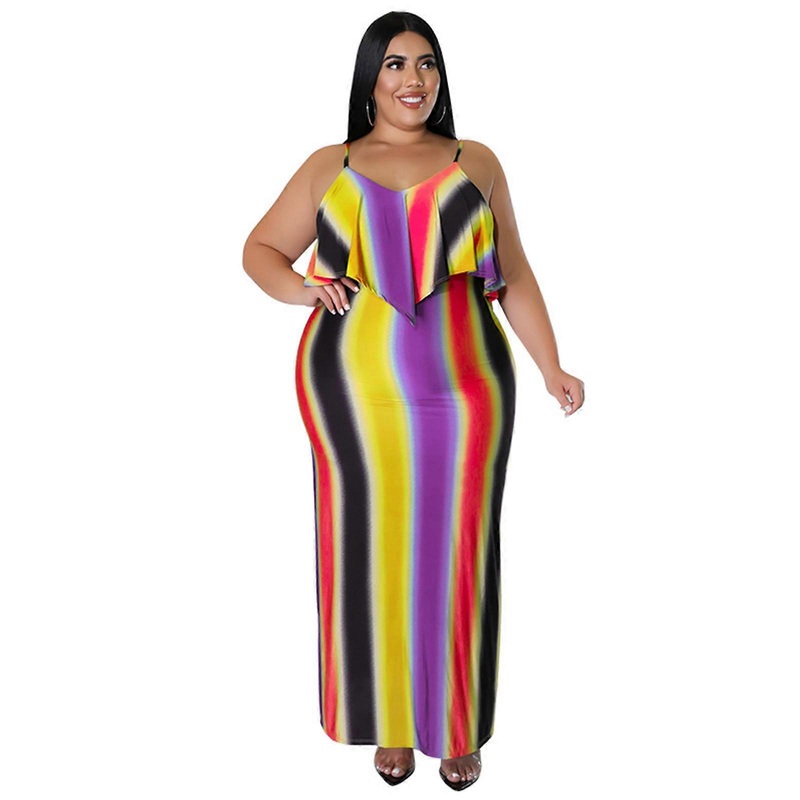 Women Plus Size Spaghetti Strap Elastic High Waist Stretch Maxi Dress Sexy Ruffle V-Neck Striped Beach Party Clubwear  Purple XL | Fruugo SG