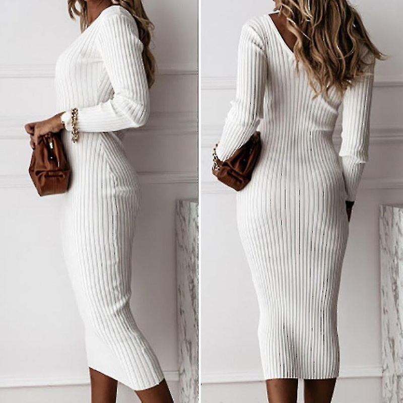 Women Ribbed Knitted V-neck Long Sleeve Bodycon Sweater Stretch Slim Fit Midi Dress | Fruugo SG