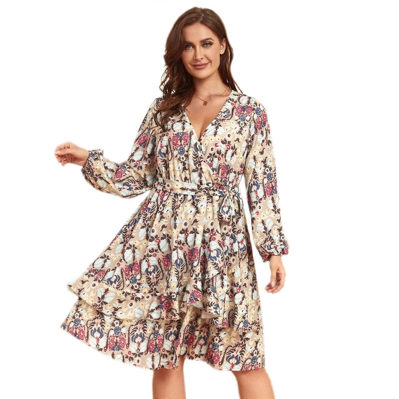 Women’s Floral Print Belted Dress Plus Size Layered Ruffle Hem Dress Long Sleeve Evening Party Dress Beach Holiday Dress  Blue XL | Fruugo SG