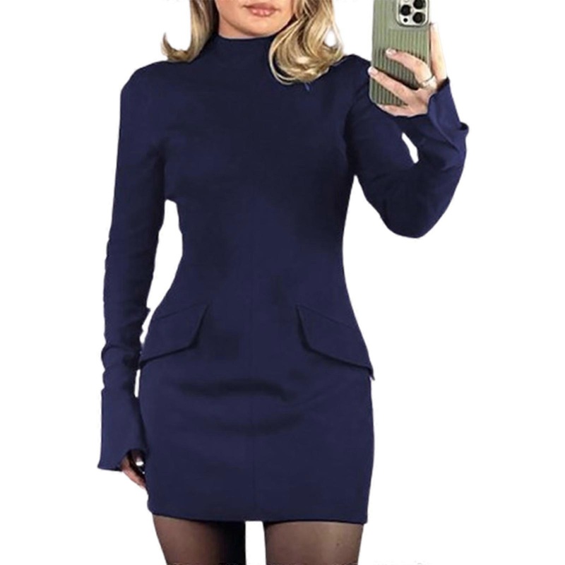 Women’s Sexy Mock Neck Long Sleeve Mini Party Club Short Pencil Bodycon Dress  Navy blue S | Fruugo SG