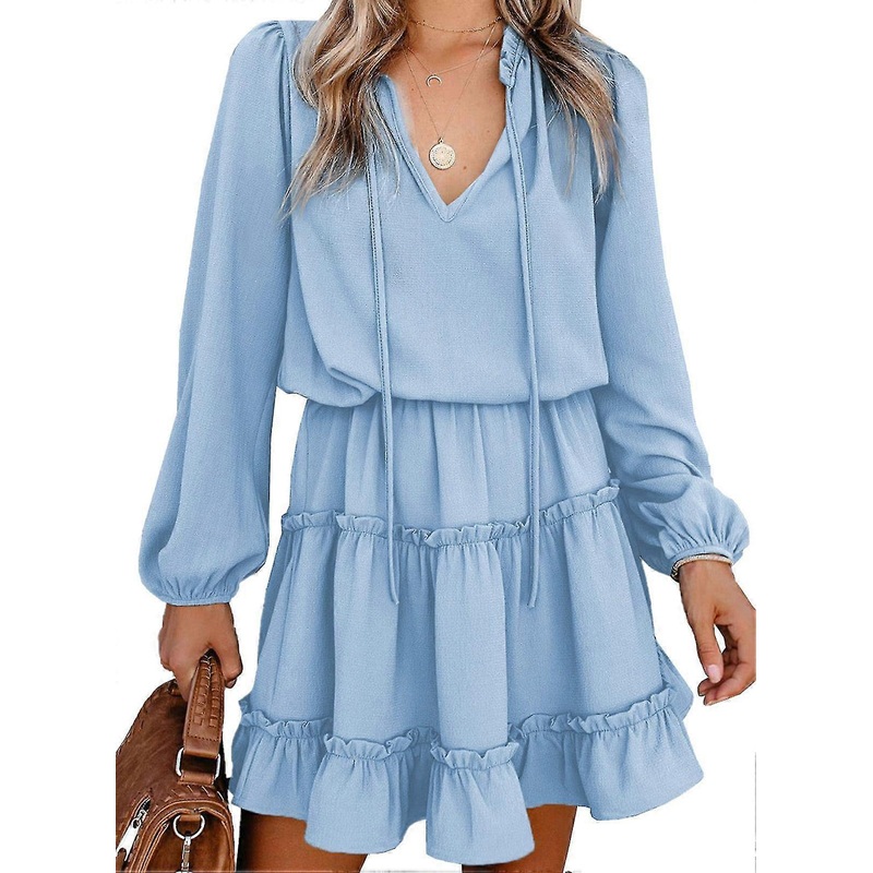 Women’s Solid Color Summer V Neck Long Sleeve Pleated Dress | Fruugo SG