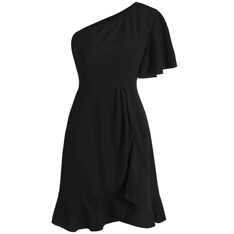 Women’s Summer Wedding Guest Dress Elegant One Shoulder A Line Mini Dress Ruffle Short Sleeve Cocktail Party Dress  Black XL | Fruugo SG