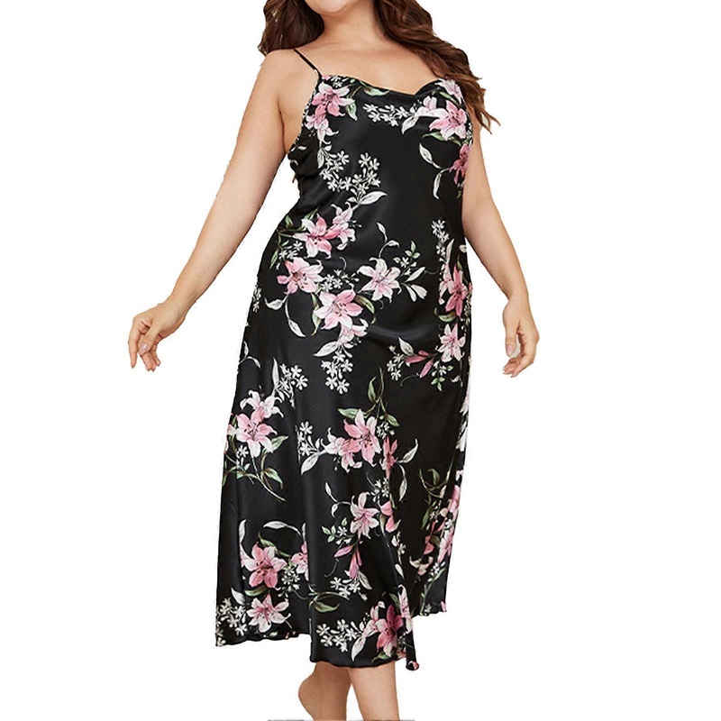 Women Satin Silk Like Nightgown Spaghetti Strap Cowl Neck Floral Printed Sleep Long Dress | Fruugo SG
