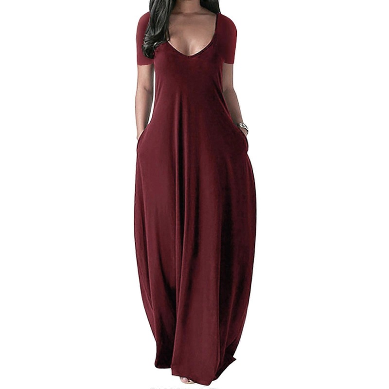 Women Short Sleeve Long Dresses Casual Long Dresses with Pockets Solid Color  Burgundy S | Fruugo SG
