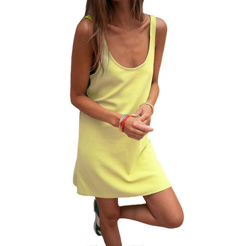 Women Sleeveless Sexy Low Cut U-Neck Backless Mini Dress Solid Color Waffle-Knit Casual Loose A-Line Beach Tank Dresses  Yellow XL | Fruugo SG