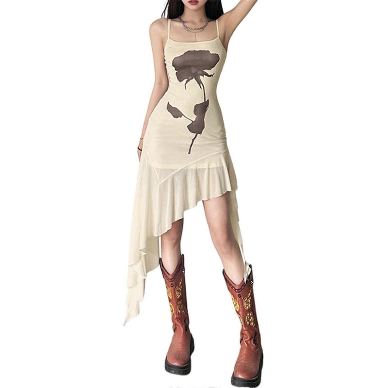 Women Spaghetti Straps Asymmetrical Ruffle Hem Camisole Dress Aesthetic Flower Print Cocktails Party Bodycon Short Dress  apricot S | Fruugo SG